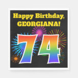 [ Thumbnail: Fun Fireworks + Rainbow Pattern "74" Birthday # Napkins ]