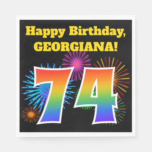 Fun Fireworks + Rainbow Pattern "74" Birthday # Napkins (Front)