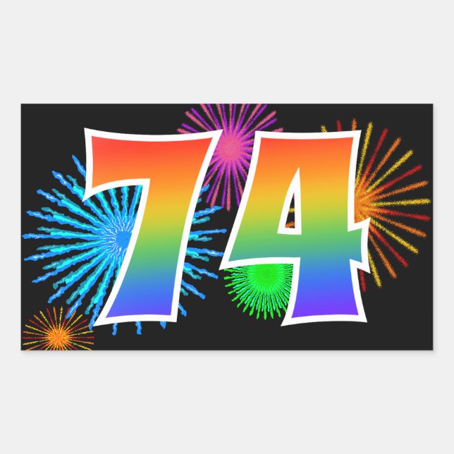 Fun Fireworks + Rainbow Pattern "74" Event Number Rectangular Sticker (Front)