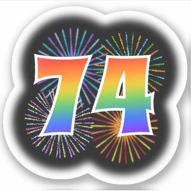 Fun Fireworks + Rainbow Pattern "74" Event # Sticker (Front)