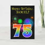 [ Thumbnail: Fun Fireworks + Rainbow Pattern "75" Birthday # Card ]