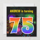 [ Thumbnail: Fun Fireworks + Rainbow Pattern "75" Birthday # Invitation ]