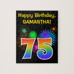 [ Thumbnail: Fun Fireworks + Rainbow Pattern "75" Birthday # Jigsaw Puzzle ]