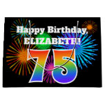 [ Thumbnail: Fun Fireworks + Rainbow Pattern "75" Birthday # Gift Bag ]