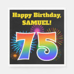 [ Thumbnail: Fun Fireworks + Rainbow Pattern "75" Birthday # Napkins ]