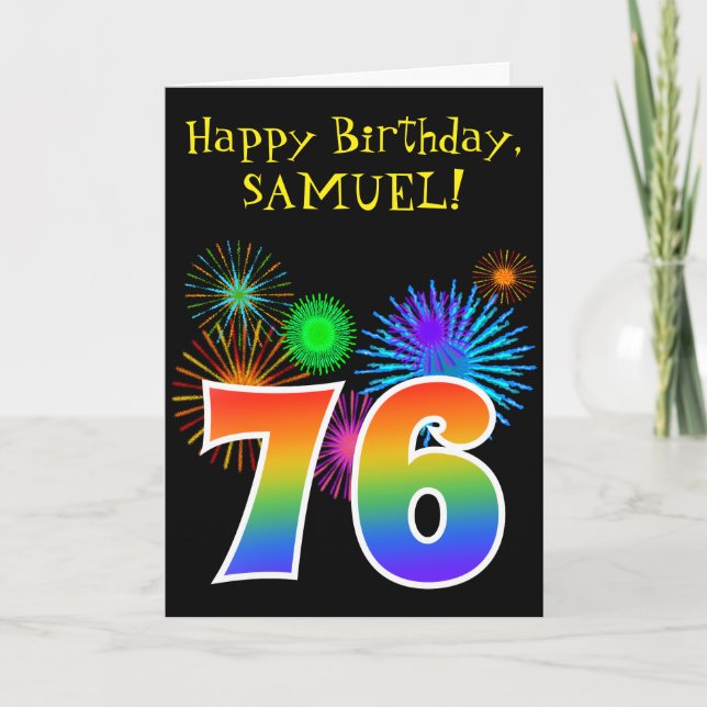 Fun Fireworks + Rainbow Pattern "76" Birthday # Card (Front)