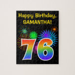 [ Thumbnail: Fun Fireworks + Rainbow Pattern "76" Birthday # Jigsaw Puzzle ]