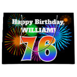 [ Thumbnail: Fun Fireworks + Rainbow Pattern "76" Birthday # Gift Bag ]