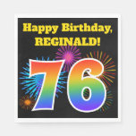 [ Thumbnail: Fun Fireworks + Rainbow Pattern "76" Birthday # Napkins ]