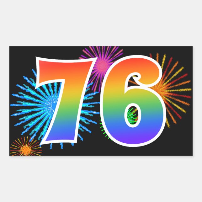 Fun Fireworks + Rainbow Pattern "76" Event Number Rectangular Sticker (Front)