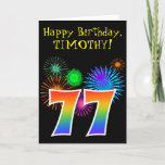 [ Thumbnail: Fun Fireworks + Rainbow Pattern "77" Birthday # Card ]