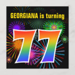 [ Thumbnail: Fun Fireworks + Rainbow Pattern "77" Birthday # Invitation ]