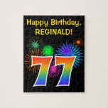 [ Thumbnail: Fun Fireworks + Rainbow Pattern "77" Birthday # Jigsaw Puzzle ]