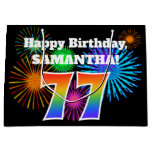 [ Thumbnail: Fun Fireworks + Rainbow Pattern "77" Birthday # Gift Bag ]