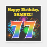 [ Thumbnail: Fun Fireworks + Rainbow Pattern "77" Birthday # Napkins ]