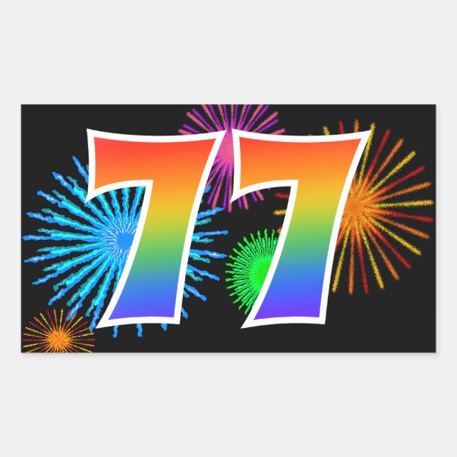 Fun Fireworks + Rainbow Pattern "77" Event Number Rectangular Sticker (Front)