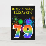 [ Thumbnail: Fun Fireworks + Rainbow Pattern "79" Birthday # Card ]