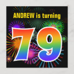 [ Thumbnail: Fun Fireworks + Rainbow Pattern "79" Birthday # Invitation ]