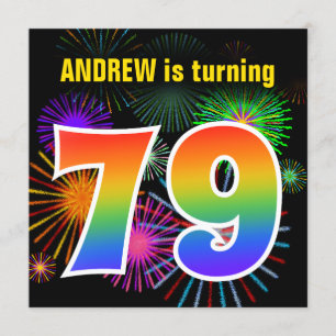 Fun Fireworks + Rainbow Pattern "79" Birthday # Invitation