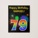 [ Thumbnail: Fun Fireworks + Rainbow Pattern "79" Birthday # Jigsaw Puzzle ]