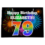 [ Thumbnail: Fun Fireworks + Rainbow Pattern "79" Birthday # Gift Bag ]