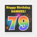 [ Thumbnail: Fun Fireworks + Rainbow Pattern "79" Birthday # Napkins ]