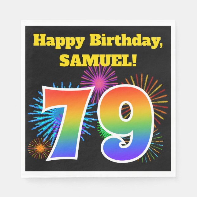 Fun Fireworks + Rainbow Pattern "79" Birthday # Napkins (Front)