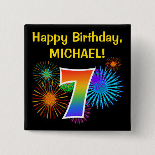 Fun Fireworks + Rainbow Pattern "7" Birthday # Button