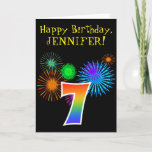 [ Thumbnail: Fun Fireworks + Rainbow Pattern "7" Birthday # Card ]