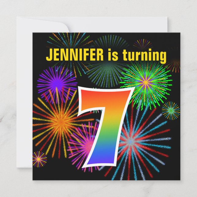 Fun Fireworks + Rainbow Pattern "7" Birthday # Invitation (Front)