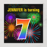 [ Thumbnail: Fun Fireworks + Rainbow Pattern "7" Birthday # Invitation ]