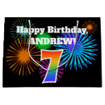 [ Thumbnail: Fun Fireworks + Rainbow Pattern "7" Birthday # Gift Bag ]
