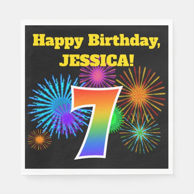 Fun Fireworks + Rainbow Pattern "7" Birthday # Napkins (Front)