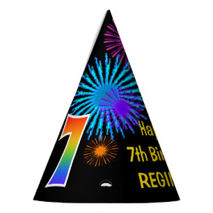 Fun Fireworks + Rainbow Pattern "7" Birthday # Party Hat