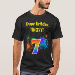 [ Thumbnail: Fun Fireworks + Rainbow Pattern "7" Birthday # T-Shirt ]