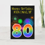 [ Thumbnail: Fun Fireworks + Rainbow Pattern "80" Birthday # Card ]