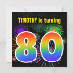 [ Thumbnail: Fun Fireworks + Rainbow Pattern "80" Birthday # Invitation ]