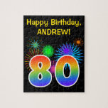 [ Thumbnail: Fun Fireworks + Rainbow Pattern "80" Birthday # Jigsaw Puzzle ]