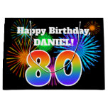 [ Thumbnail: Fun Fireworks + Rainbow Pattern "80" Birthday # Gift Bag ]
