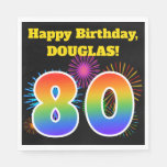[ Thumbnail: Fun Fireworks + Rainbow Pattern "80" Birthday # Napkins ]