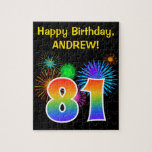 [ Thumbnail: Fun Fireworks + Rainbow Pattern "81" Birthday # Jigsaw Puzzle ]