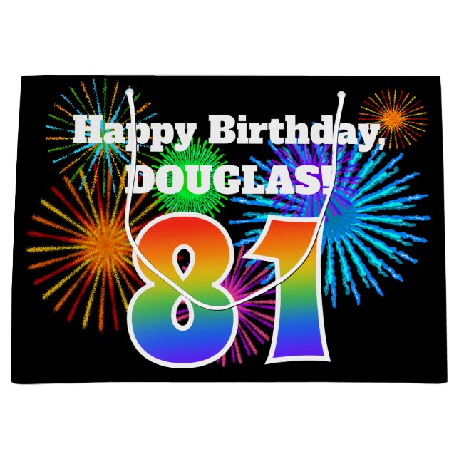 Fun Fireworks + Rainbow Pattern "81" Birthday # Large Gift Bag (Front)