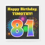 [ Thumbnail: Fun Fireworks + Rainbow Pattern "81" Birthday # Napkins ]