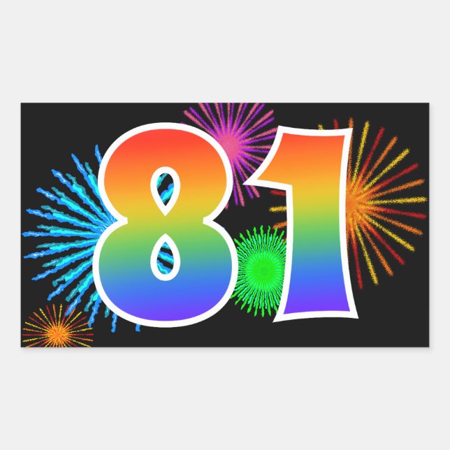 Fun Fireworks + Rainbow Pattern "81" Event Number Rectangular Sticker (Front)