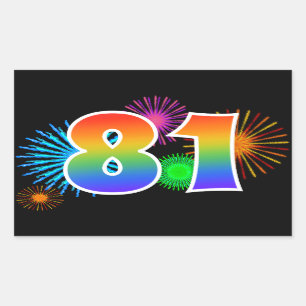 Fun Fireworks + Rainbow Pattern "81" Event Number Rectangular Sticker