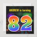 [ Thumbnail: Fun Fireworks + Rainbow Pattern "82" Birthday # Invitation ]