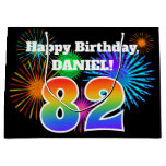 [ Thumbnail: Fun Fireworks + Rainbow Pattern "82" Birthday # Gift Bag ]