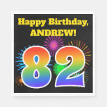 [ Thumbnail: Fun Fireworks + Rainbow Pattern "82" Birthday # Napkins ]