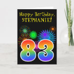 [ Thumbnail: Fun Fireworks + Rainbow Pattern "83" Birthday # Card ]