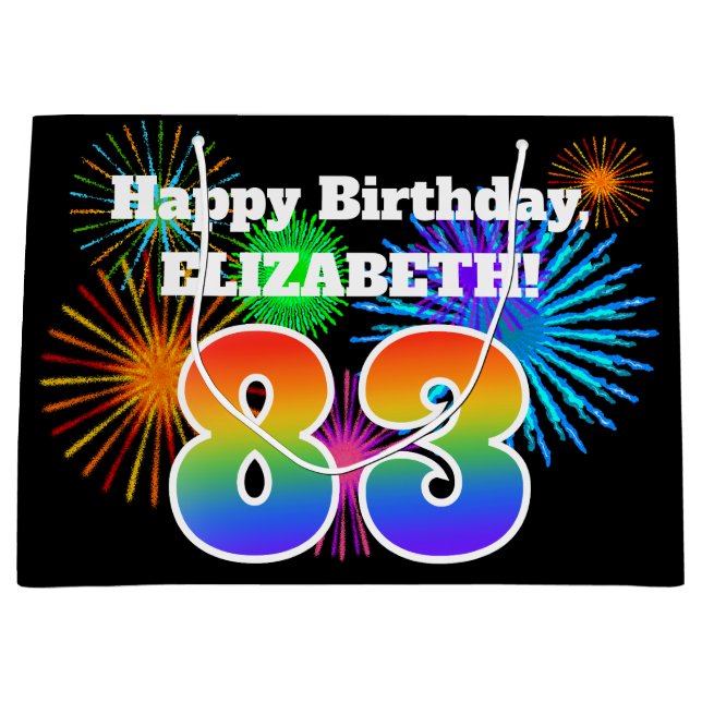 Fun Fireworks + Rainbow Pattern "83" Birthday # Large Gift Bag (Front)